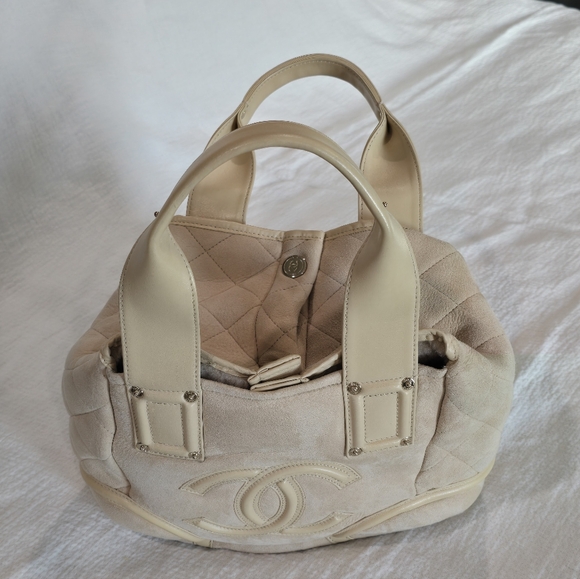 Chanel Sparkle Tote Suede Beige Leather Shearling Chain Cream Purse Shoulder Bag - Picture 7 of 16